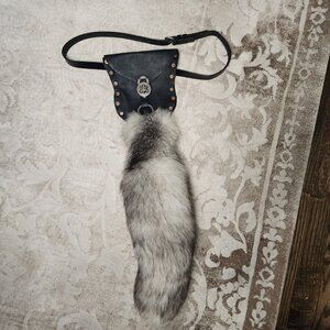 Belt Bag Black Long Thick Fur Tail Spin Metal Closure Unisex Burning Man Festiva